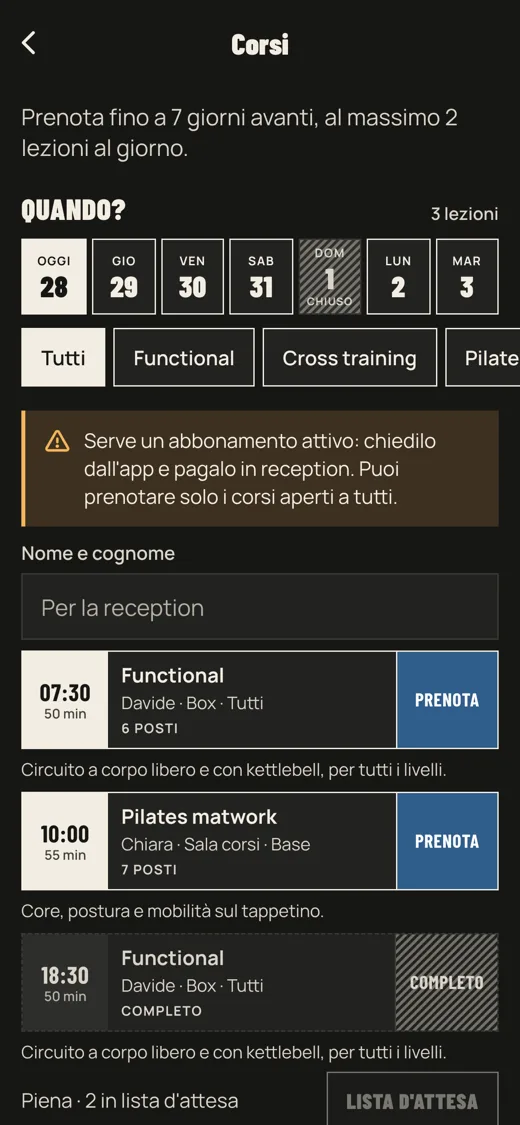 Corsi per livello. Posti e lista d'attesa.